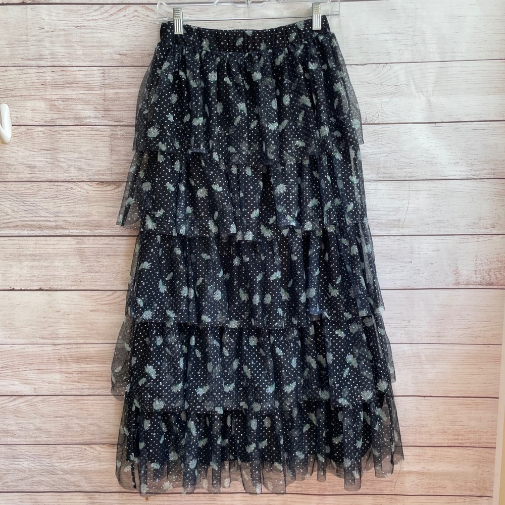 NEW WITHOUT TAGS CATO TIERED TULLE MAXI SKIRT IN BLACK PRINT